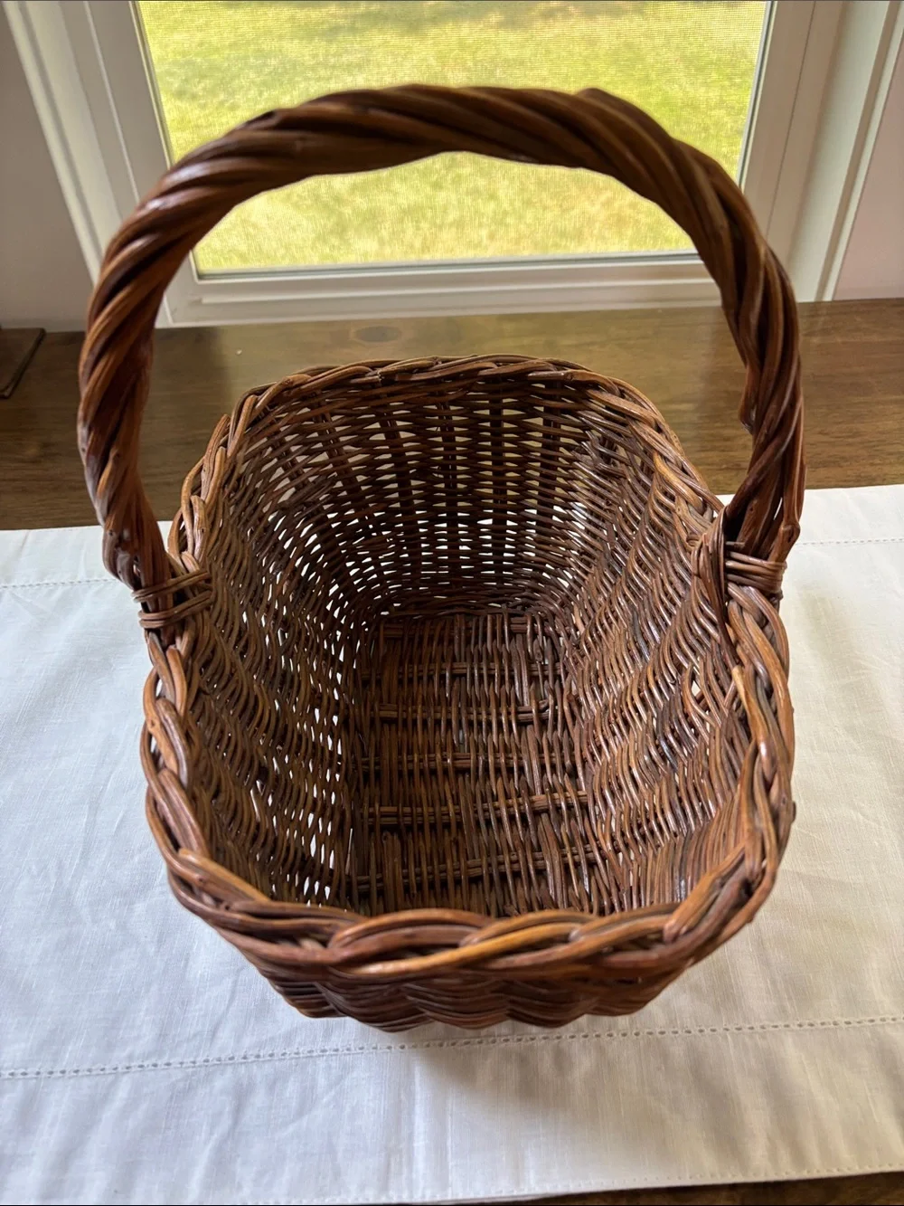 Vintage Gathering Basket With Twisted Handle Hand Woven Wicker Garden Harvest